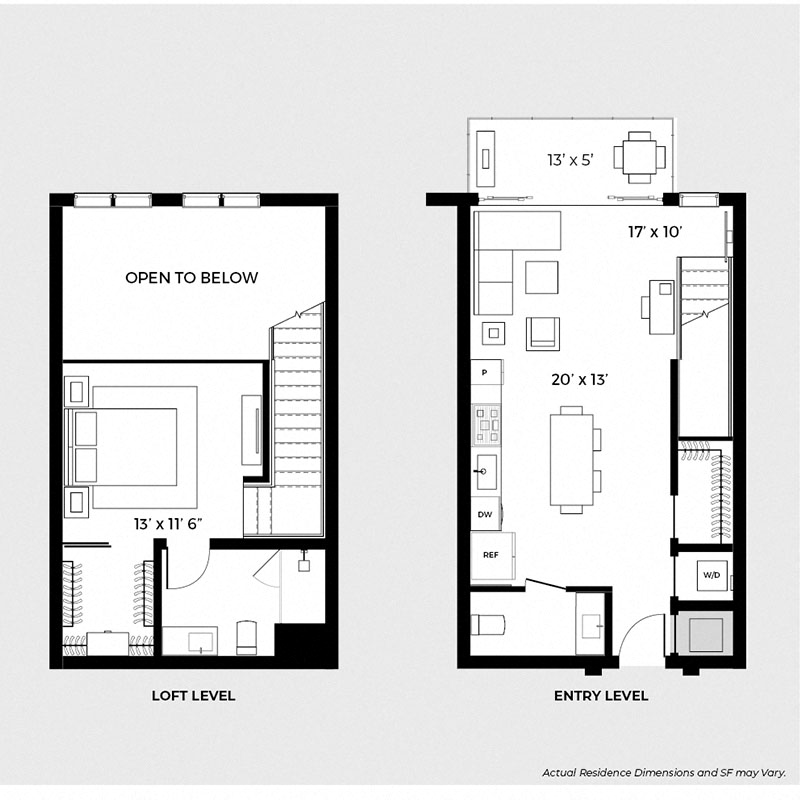 Floor plan for 1 bed, 1.5 baths, 885 sqft